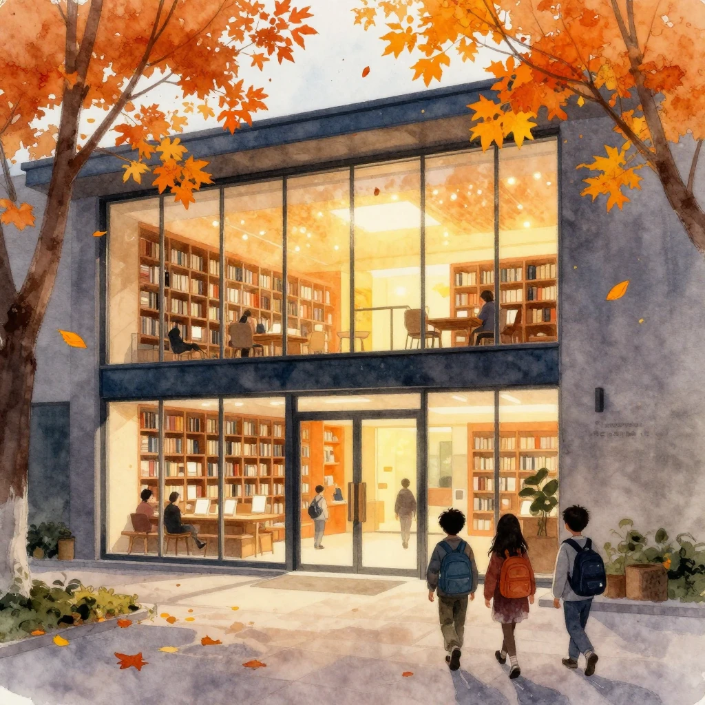 A cozy modern library building during autumn, watercolor pai...