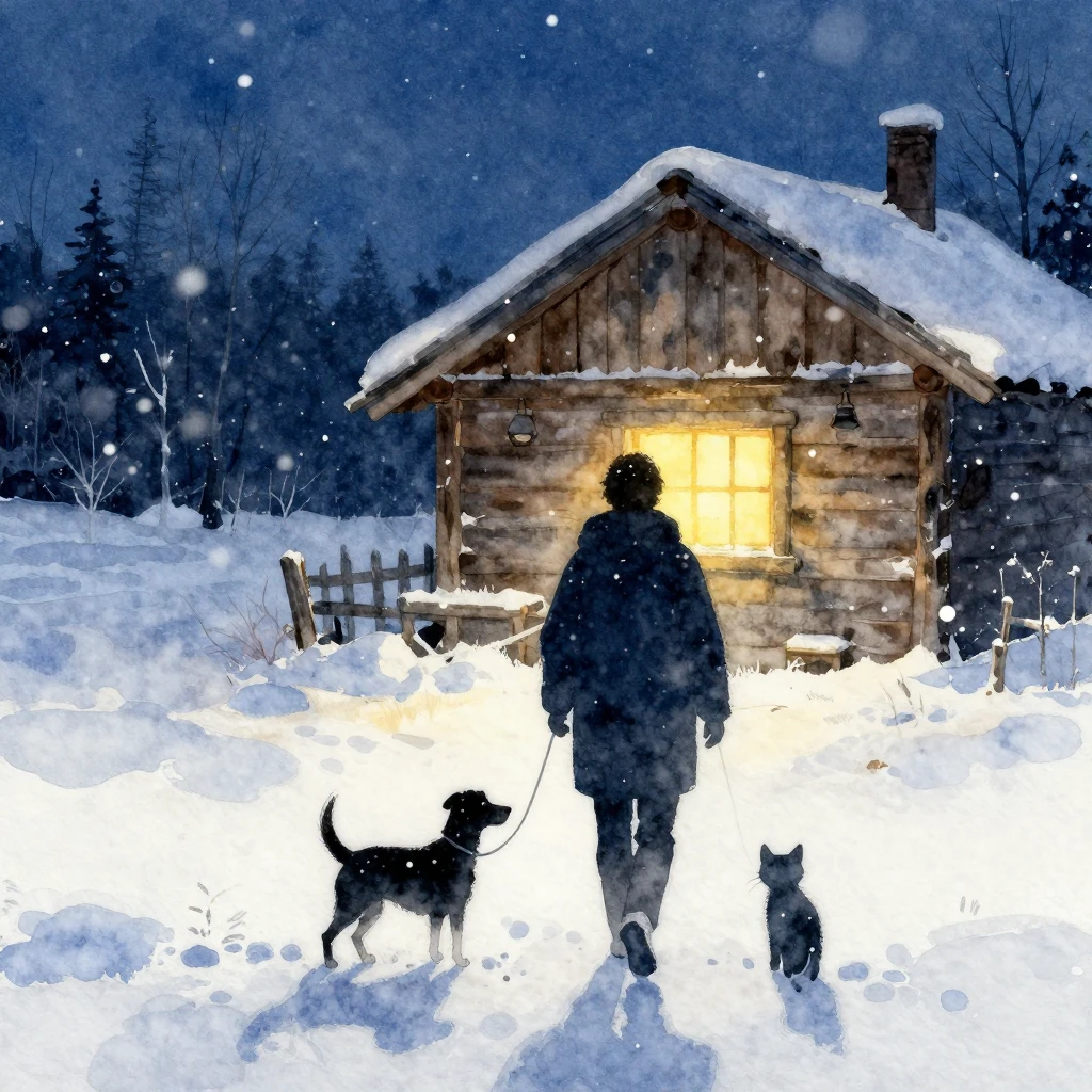 Watercolor painting of a cozy winter scene at night. A silho...