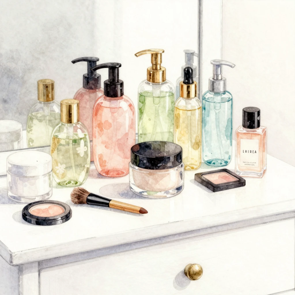 A detailed watercolor rendering of a clean vanity table ador...