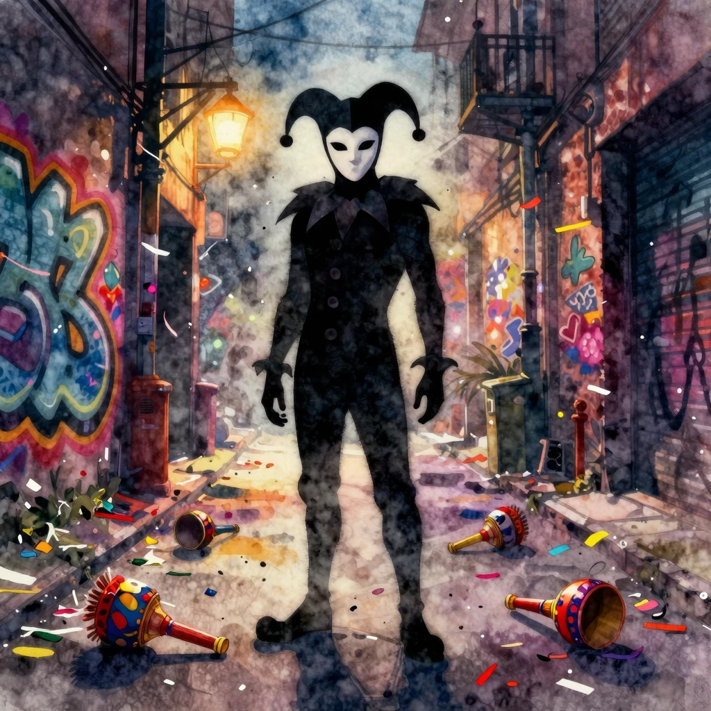 Vibrant watercolor style art of a mysterious silhouette of a...