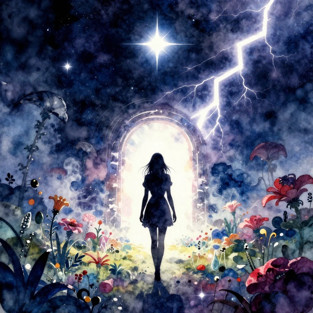 A heavy metal album cover in vibrant watercolor style. A lon...