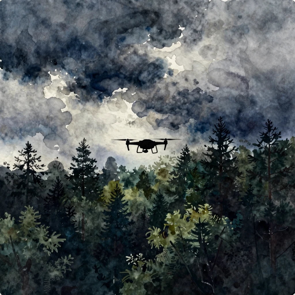 A watercolor painting of a drone silhouette flying over a de...