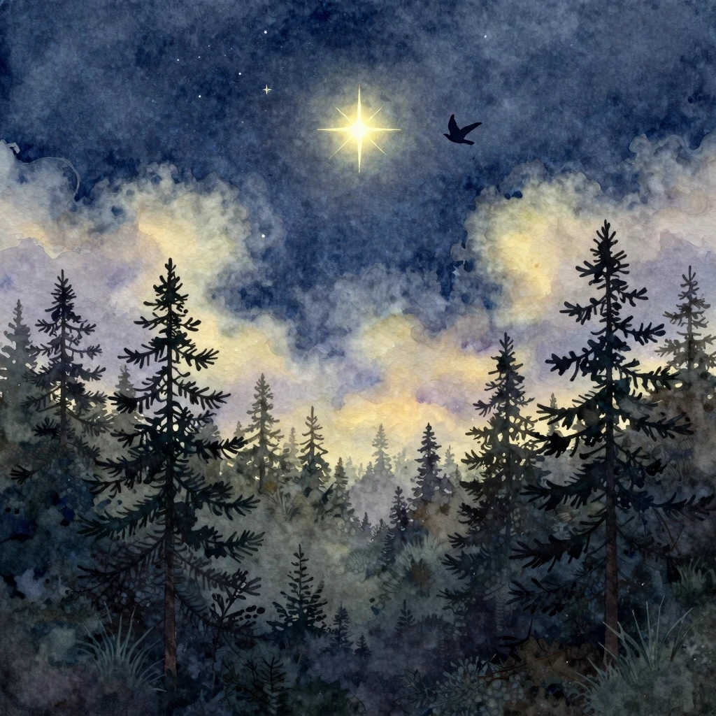 Watercolor style painting of a peaceful nature landscape. A ...