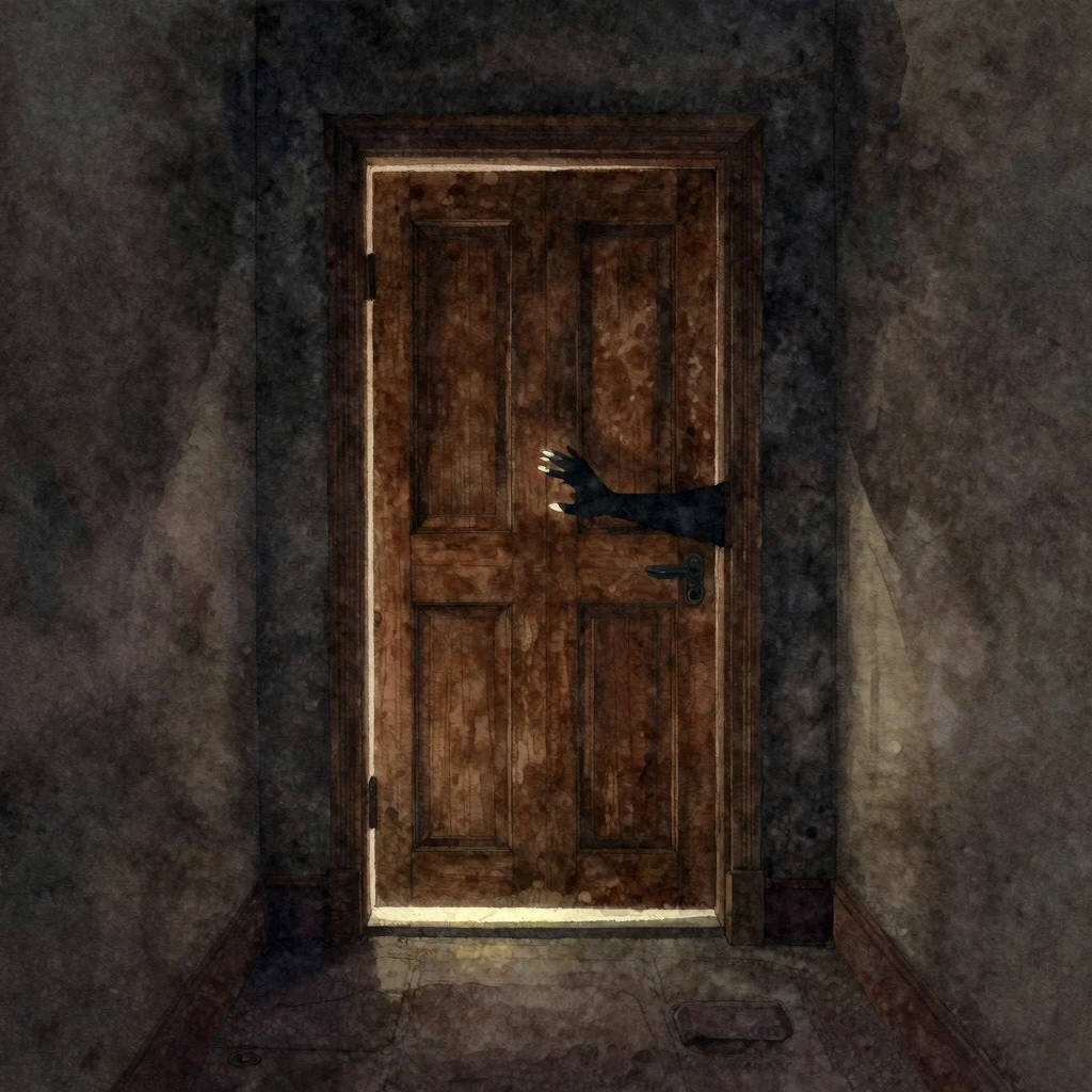 Watercolor painting of a closed heavy wooden door in a dark,...