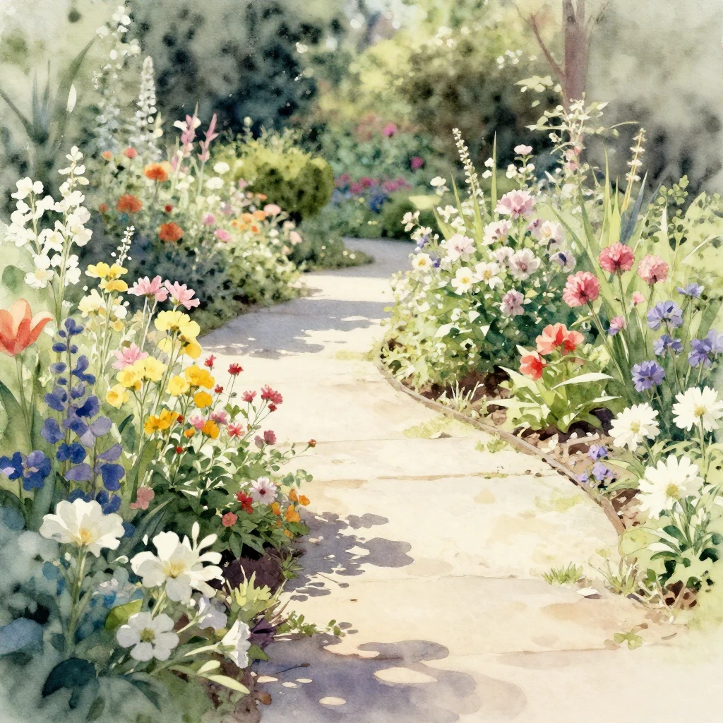 Watercolor style. A serene garden scene with a winding path,...