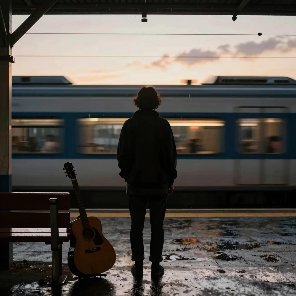 A silhouette of a lonely person standing on a rainy train st...