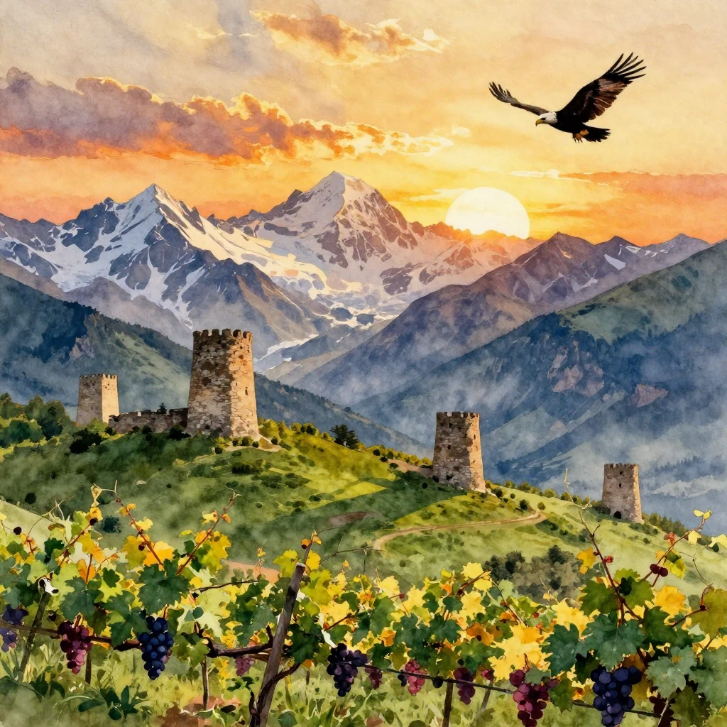 A watercolor landscape bathed in golden sunset light. Majest...