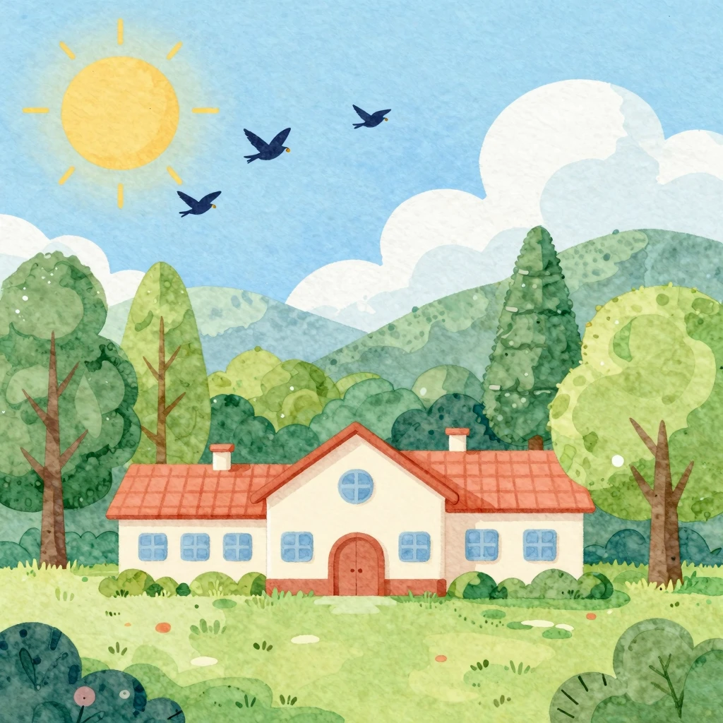 A vibrant watercolor illustration of a small village landsca...