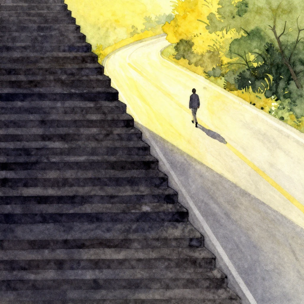 An abstract watercolor scene depicting a dark, striped pathw...