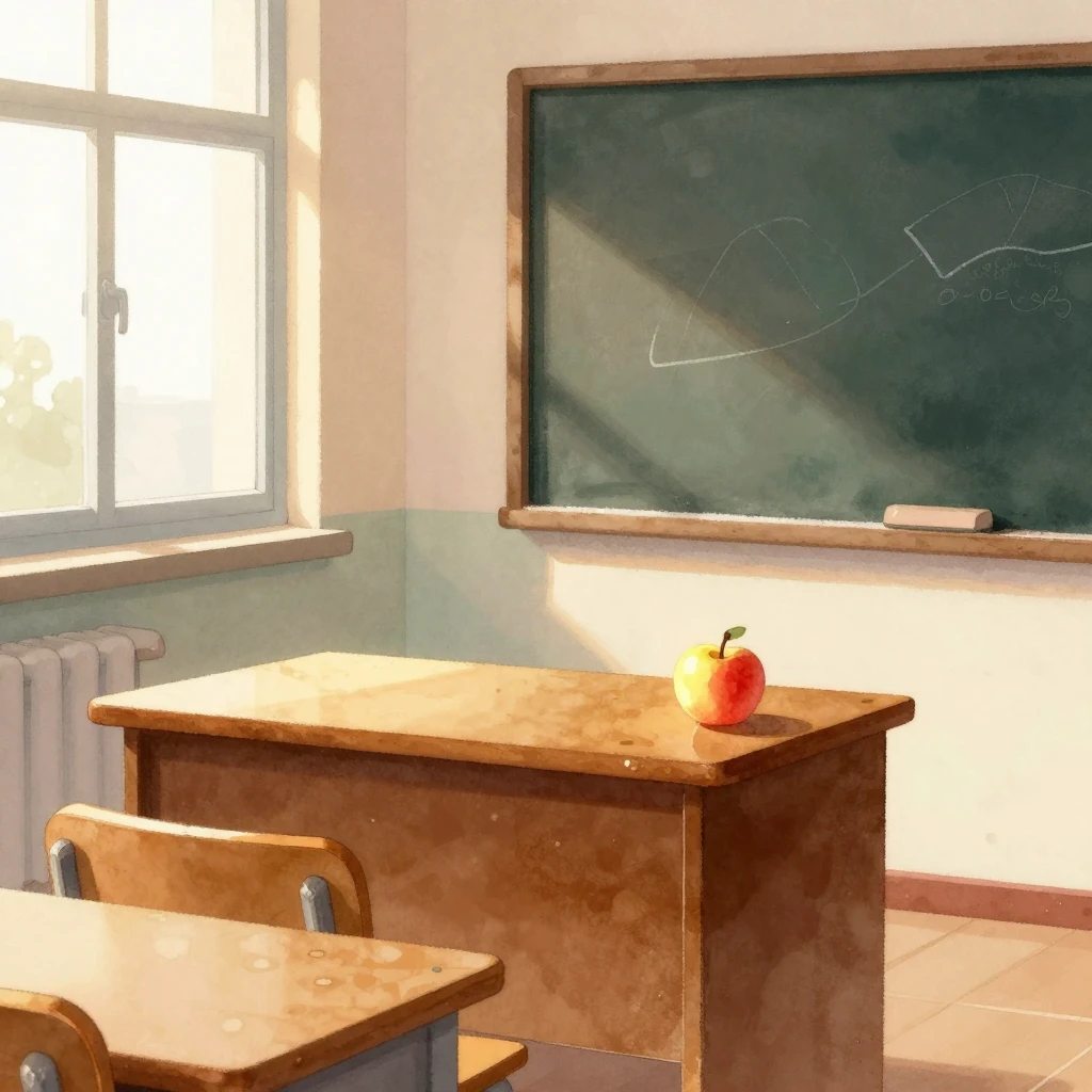 Watercolor style illustration of a warm, cozy classroom sett...