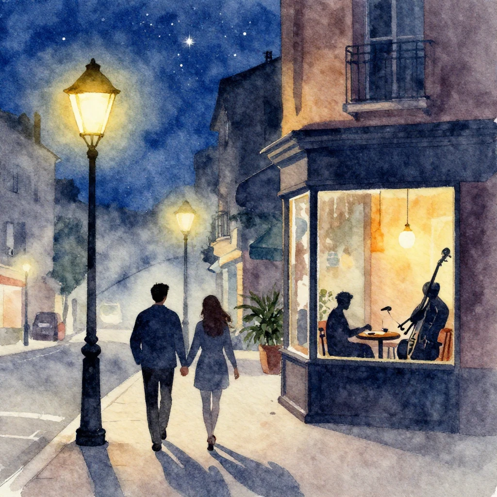 Watercolor painting of a romantic evening city street scene ...