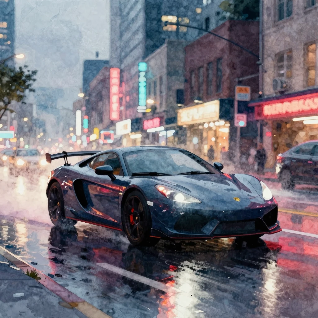 A stylish sports car silhouette drifting on a wet city stree...