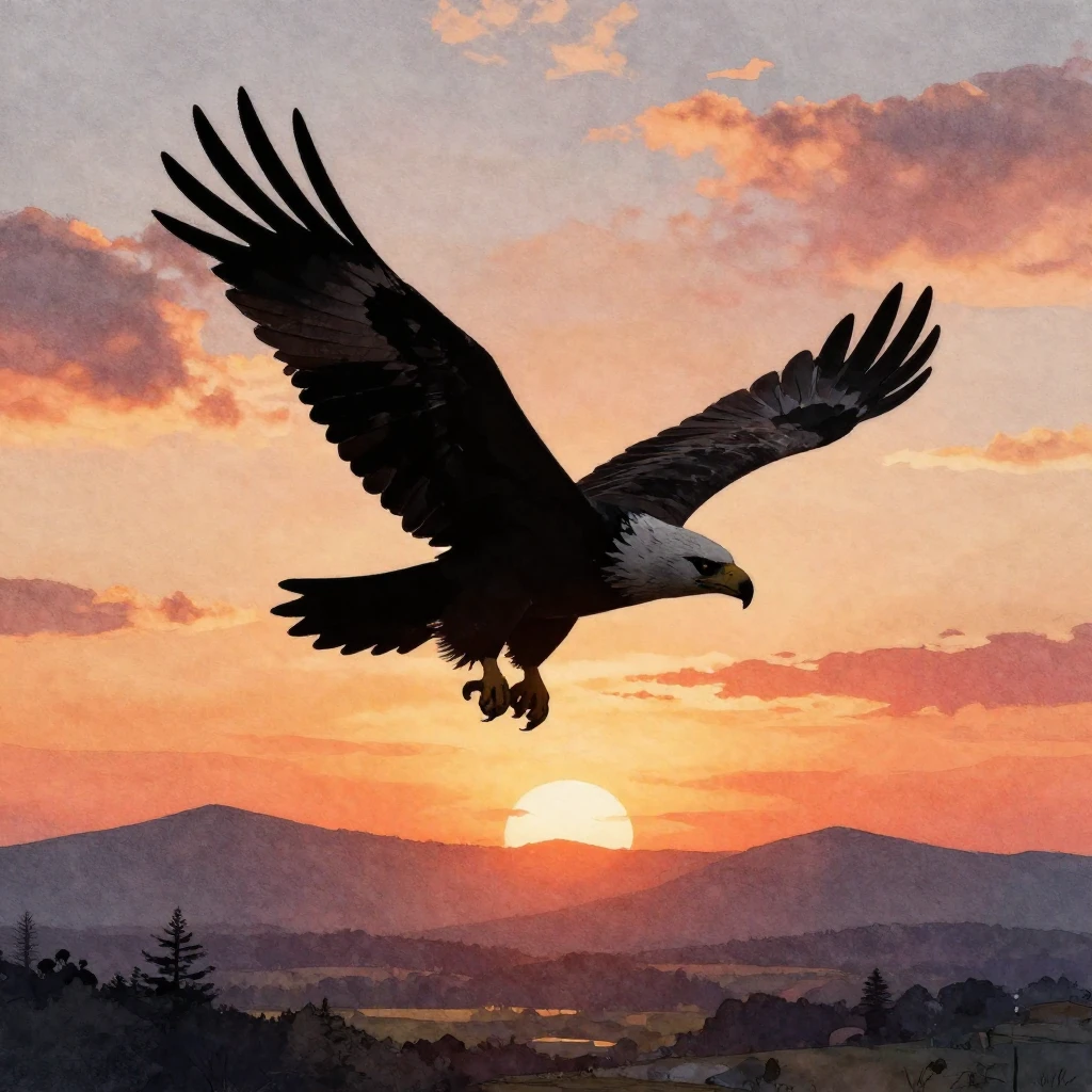 Watercolor painting of a flying eagle silhouette against a v...
