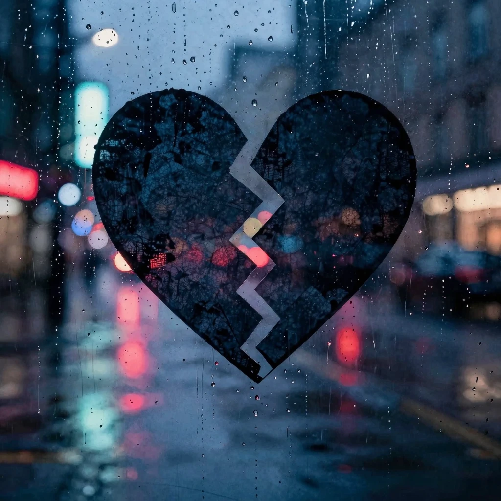 Watercolor style. A dark silhouette of a broken heart shape ...