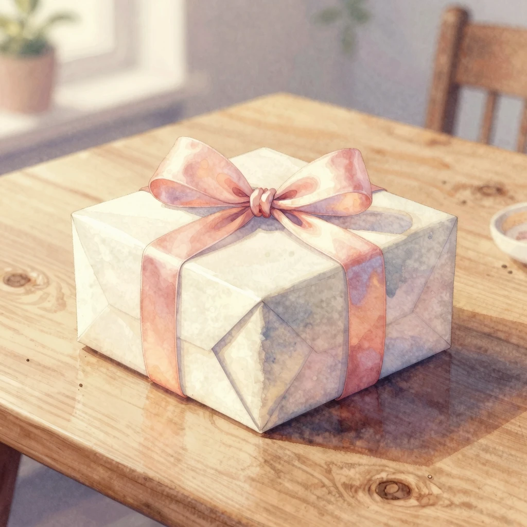 Watercolor painting of a beautifully wrapped gift box with a...