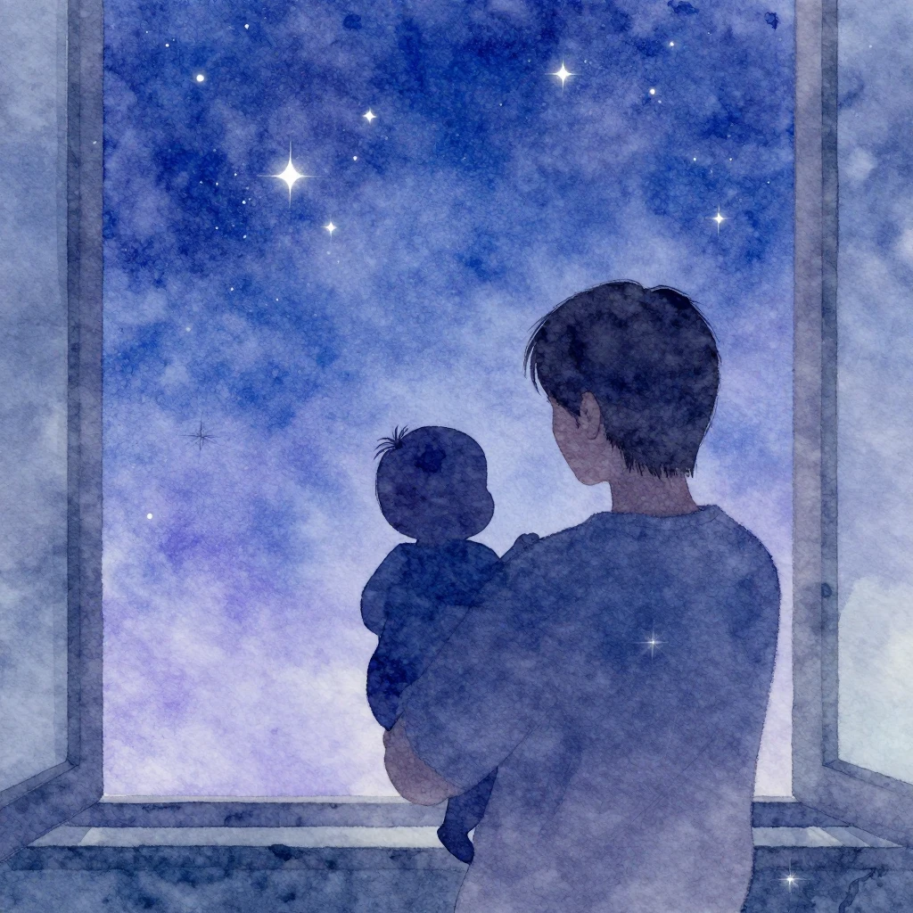Watercolor illustration of a parent holding a tiny baby silh...