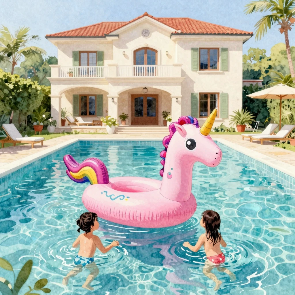 Watercolor painting of a swimming pool with a pink inflatabl...