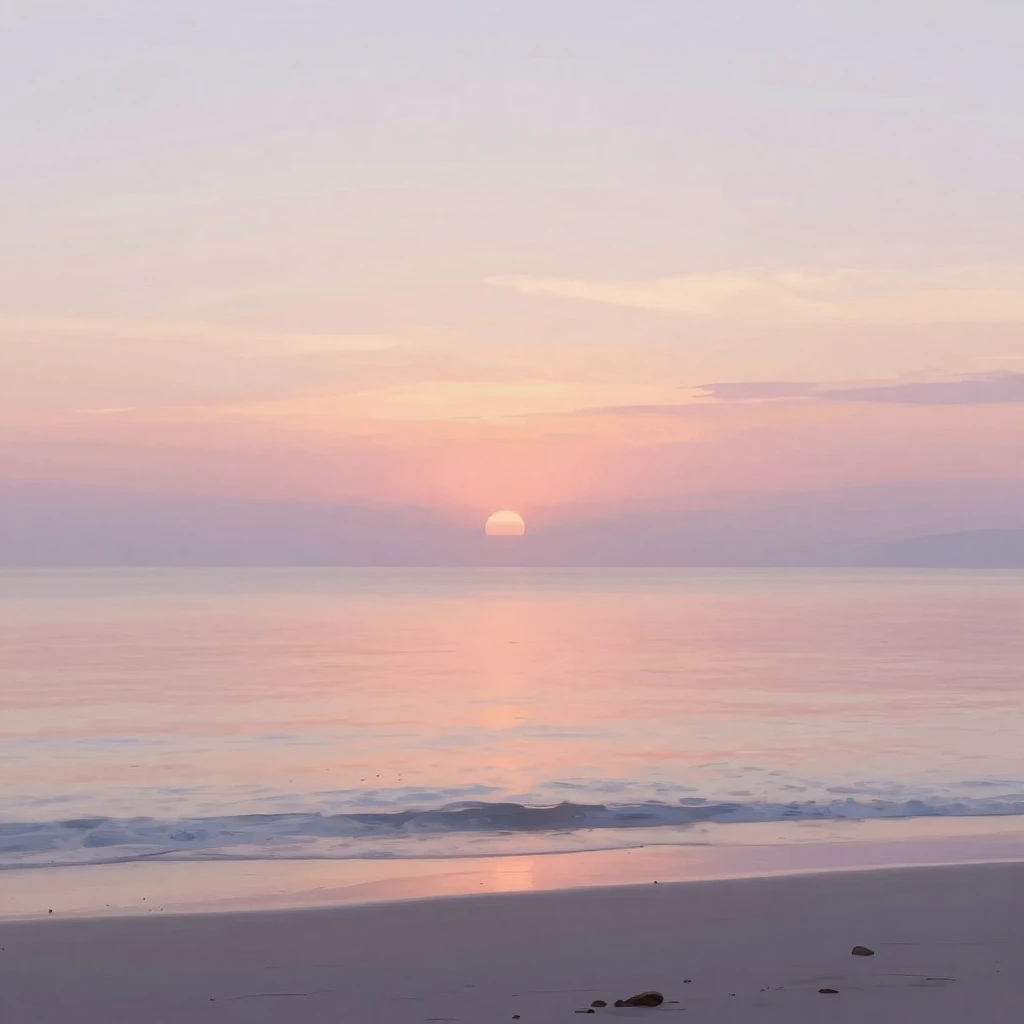 A serene seashore at sunrise, with soft pastel colors illumi...