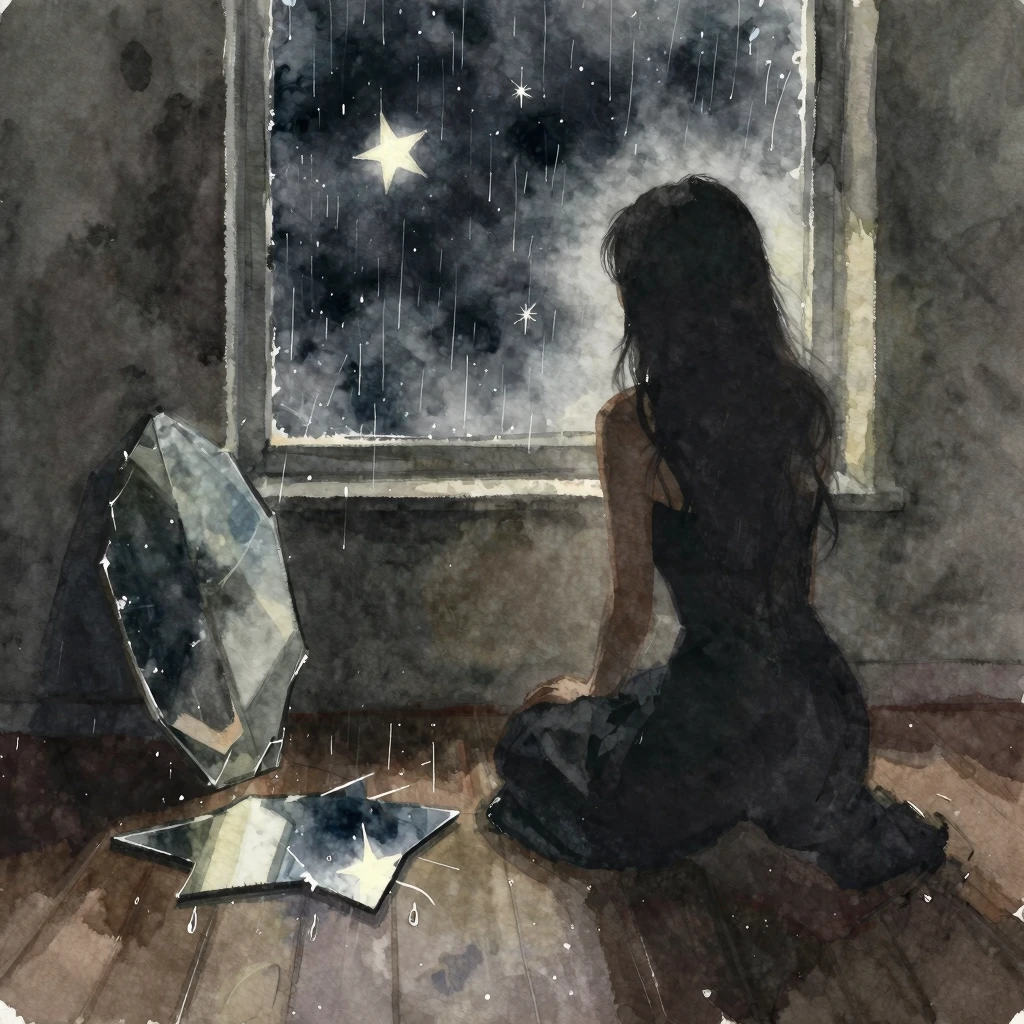 Watercolor style, dark indoor scene with a woman silhouette,...