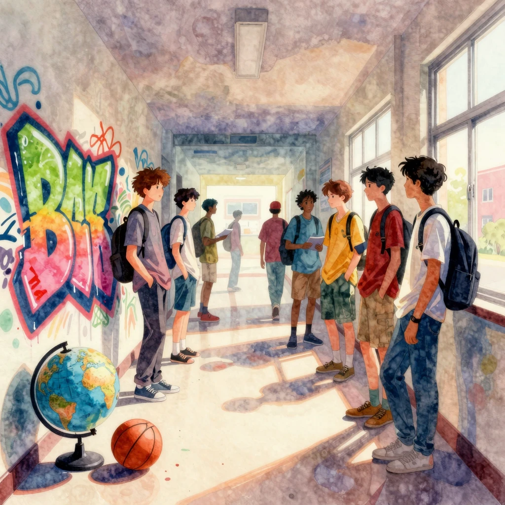 A watercolor illustration of a school hallway with vibrant g...