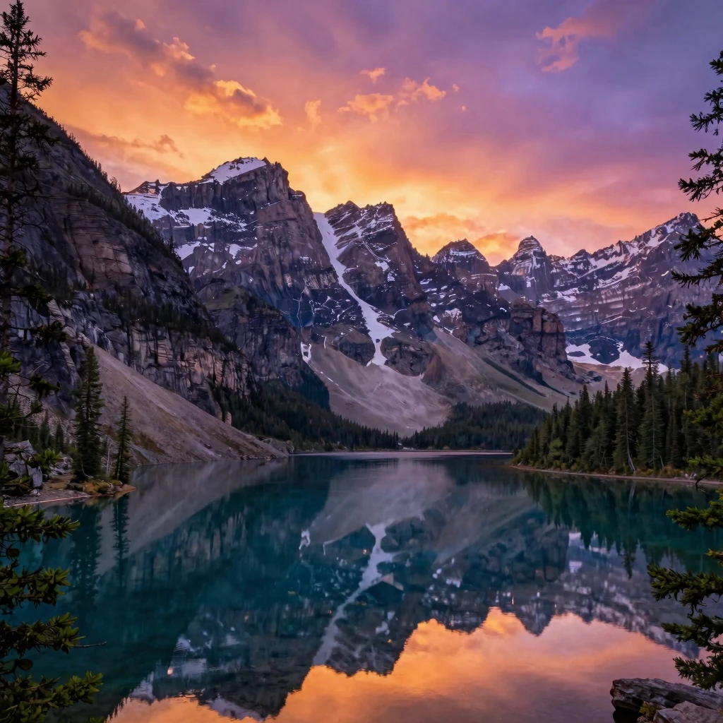 A breathtaking mountain landscape at sunset with a crystal c...