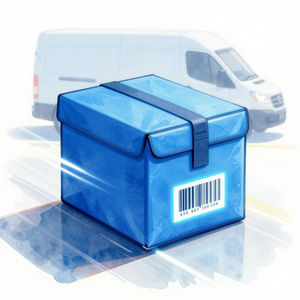 A bright blue delivery box with a glowing barcode, surrounde...
