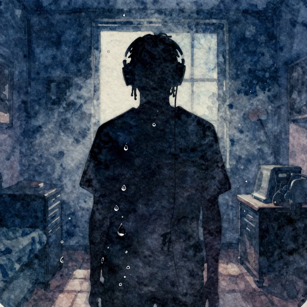 A dark silhouette of a person in a steamy, dimly lit room wi...
