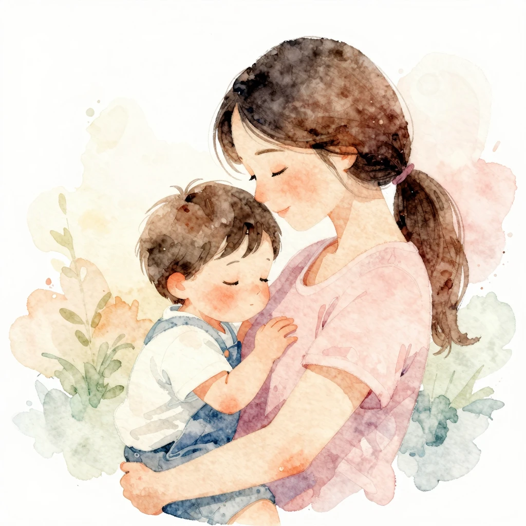A warm watercolor painting of a mother and child embracing g...