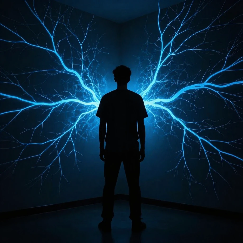 A silhouette of a person standing in a dark room, glowing ne...