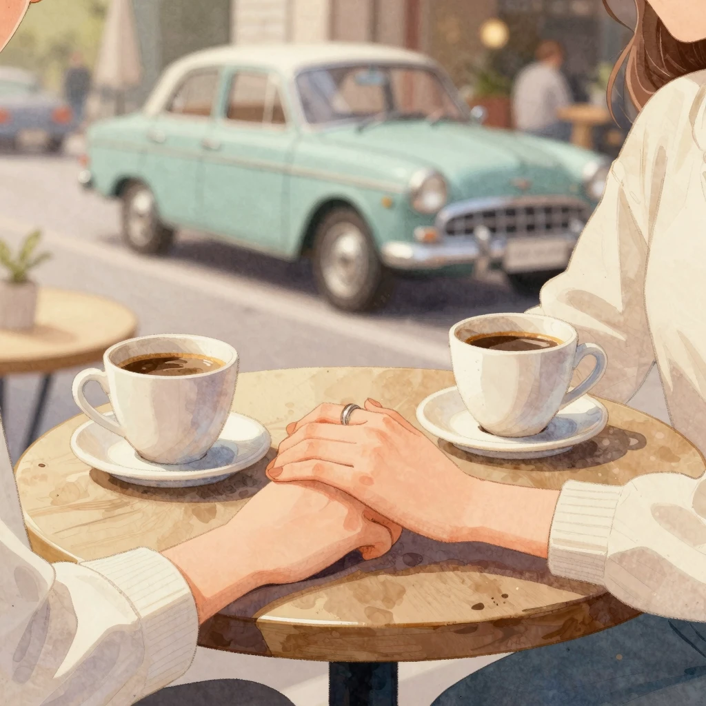 A watercolor illustration of a couple's hands intertwined on...