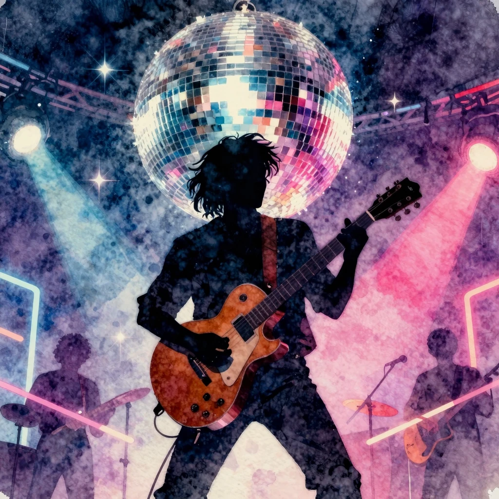 Vibrant watercolor style music performance, a silhouette of ...