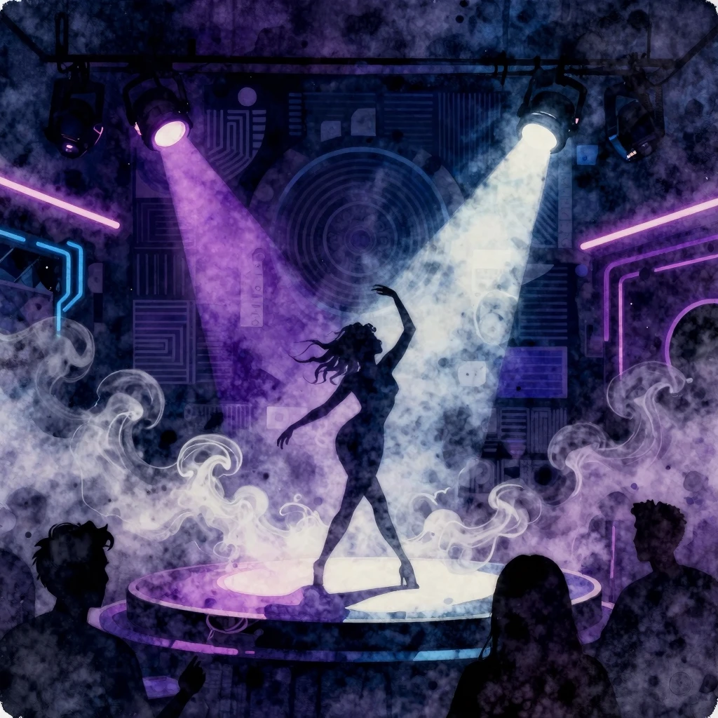 Artistic watercolor illustration of a dark nightclub scene, ...