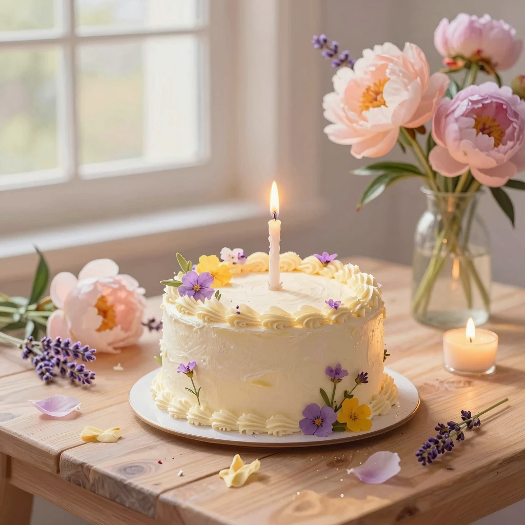 A cozy birthday scene with a delicate vanilla cake, small wi...
