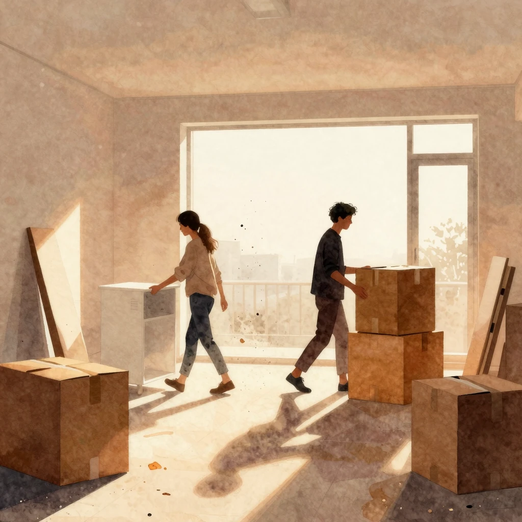 Watercolor style, minimalist modern art style. A room during...