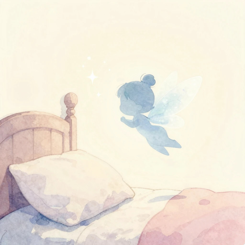 A cute cartoon-style tooth fairy flying near a pillow, spark...