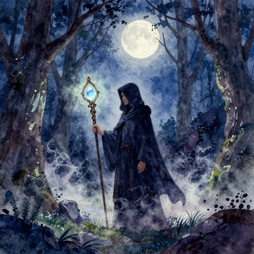 Vibrant watercolor style. A hooded figure standing in a dark...