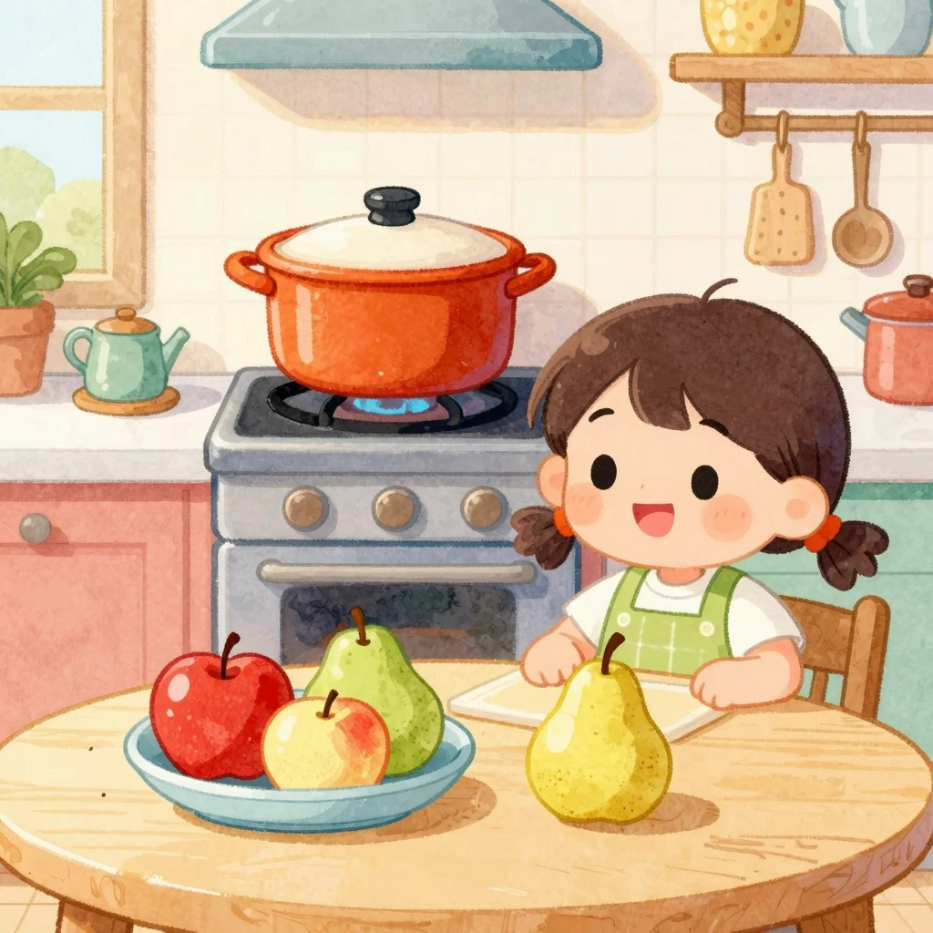 Vibrant watercolor children's illustration of a sunny kitche...