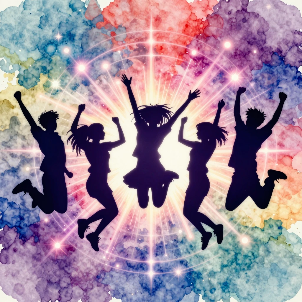 Vibrant watercolor style. Silhouettes of a group of energeti...