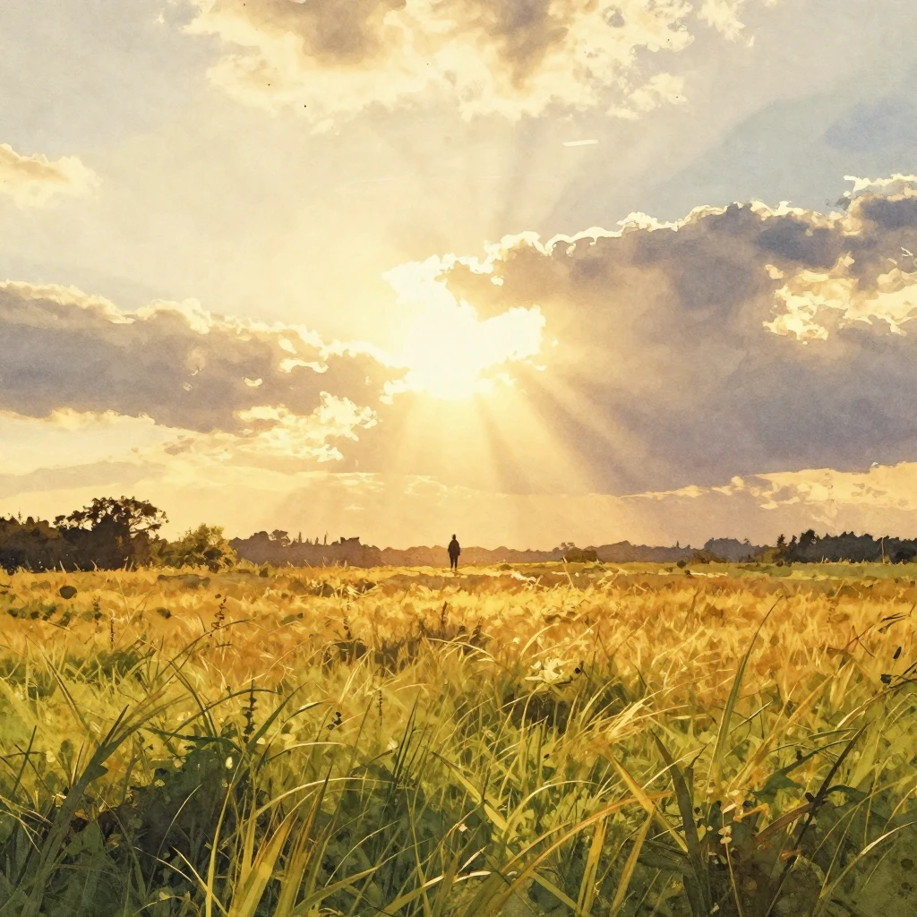 A vibrant watercolor painting of a rustic country meadow dur...