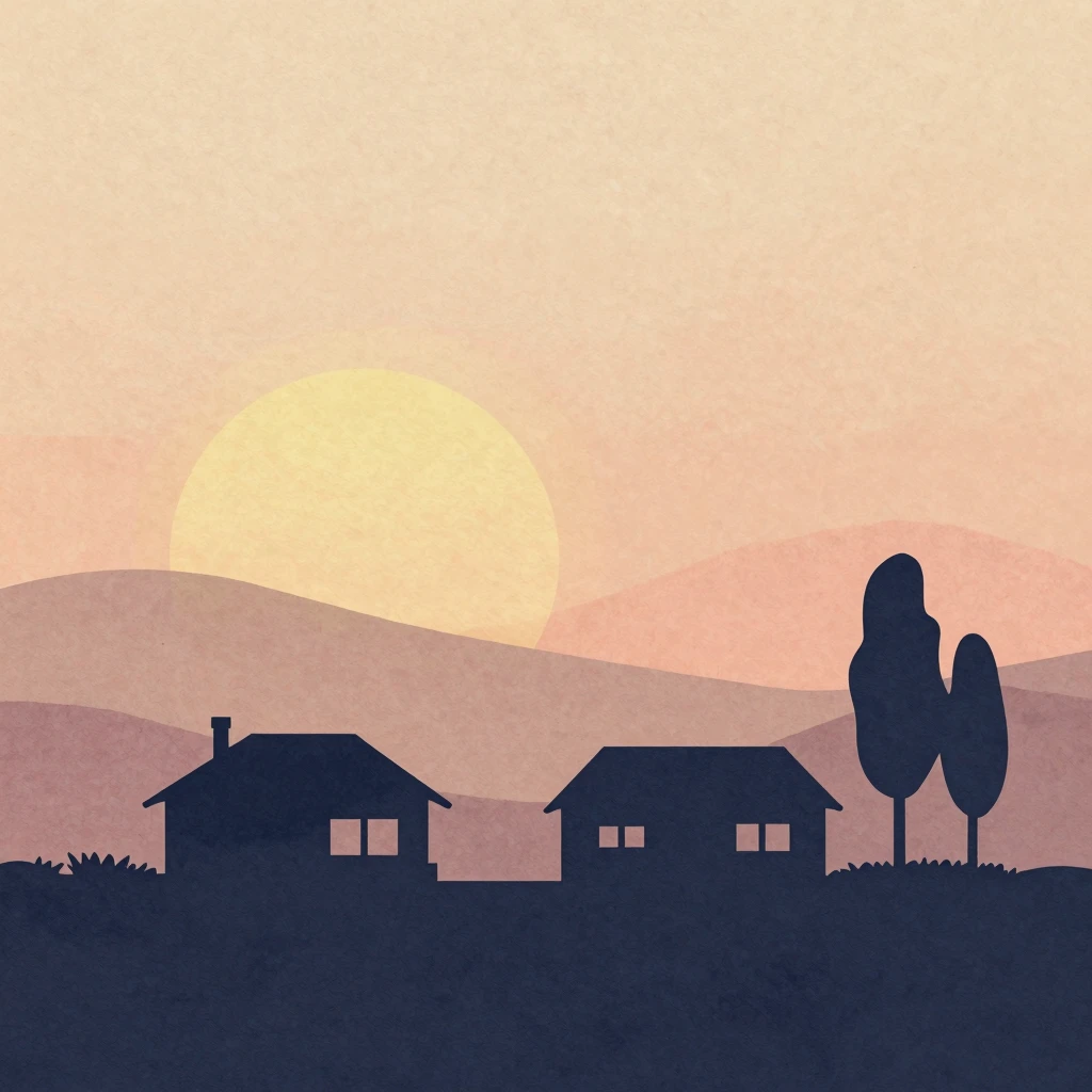 Watercolor silhouette of a peaceful village landscape at sun...