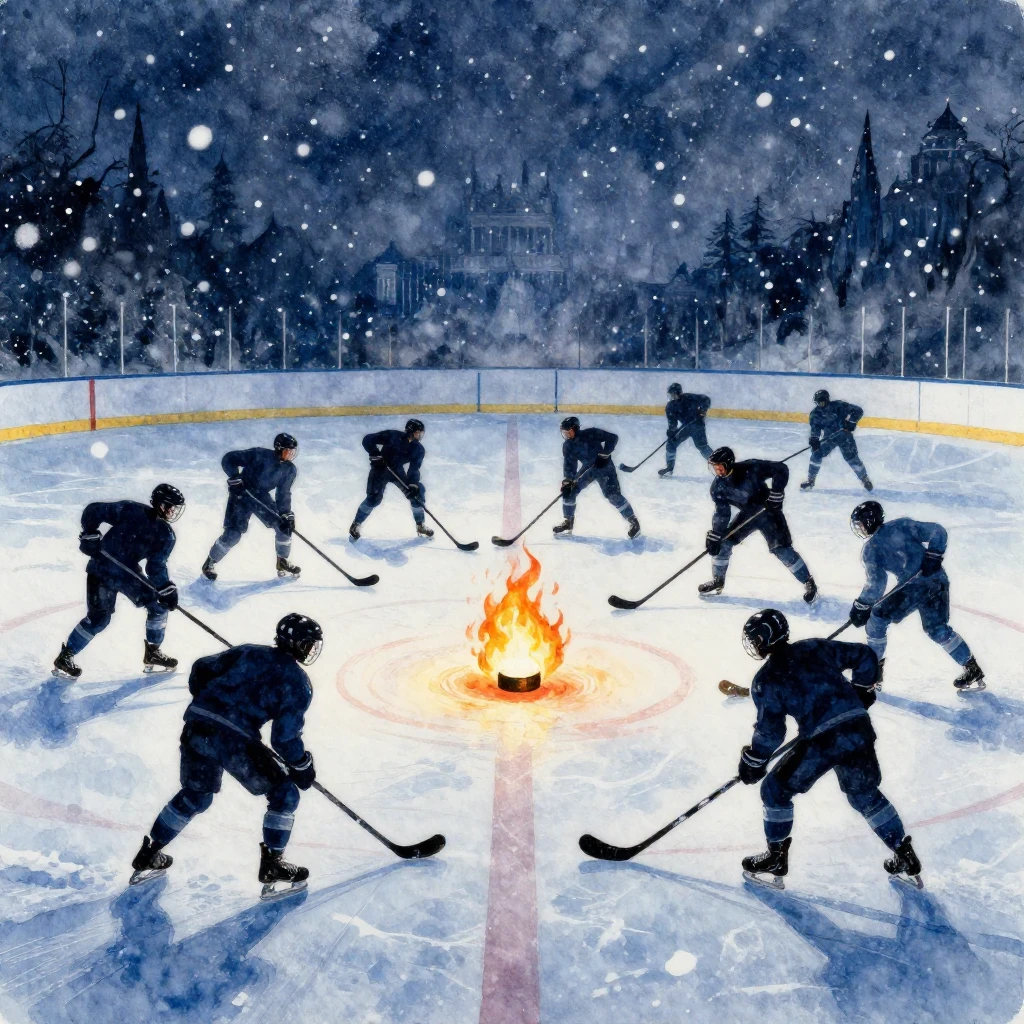 Vibrant watercolor painting of an epic ice hockey battle. Tw...
