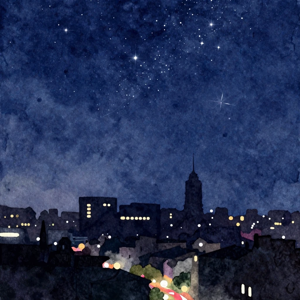 Watercolor style painting of a silhouette of a city under a ...