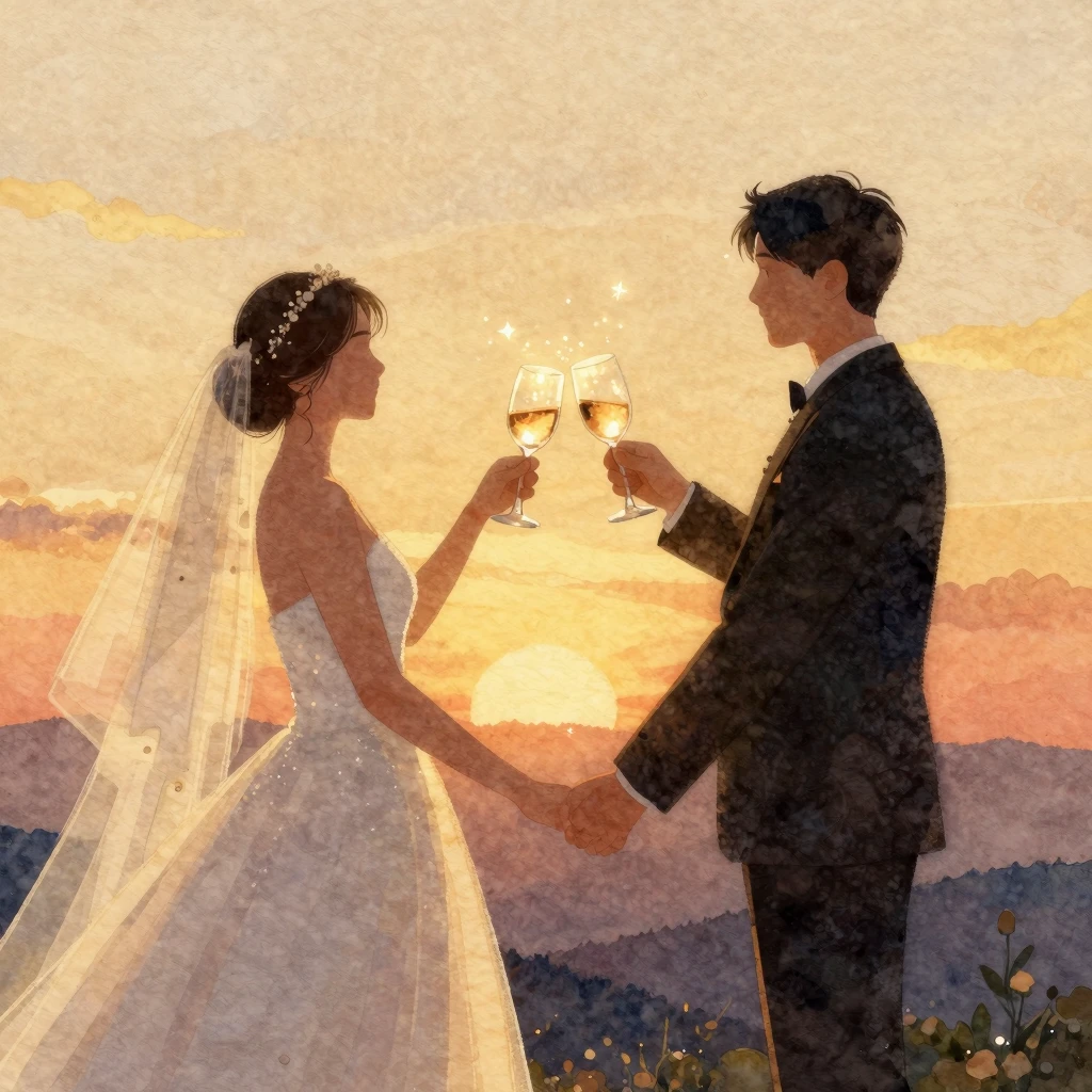 Watercolor style illustration of a romantic sunset landscape...