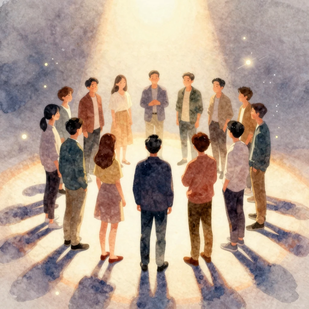 Artistic watercolor illustration of a group of people standi...