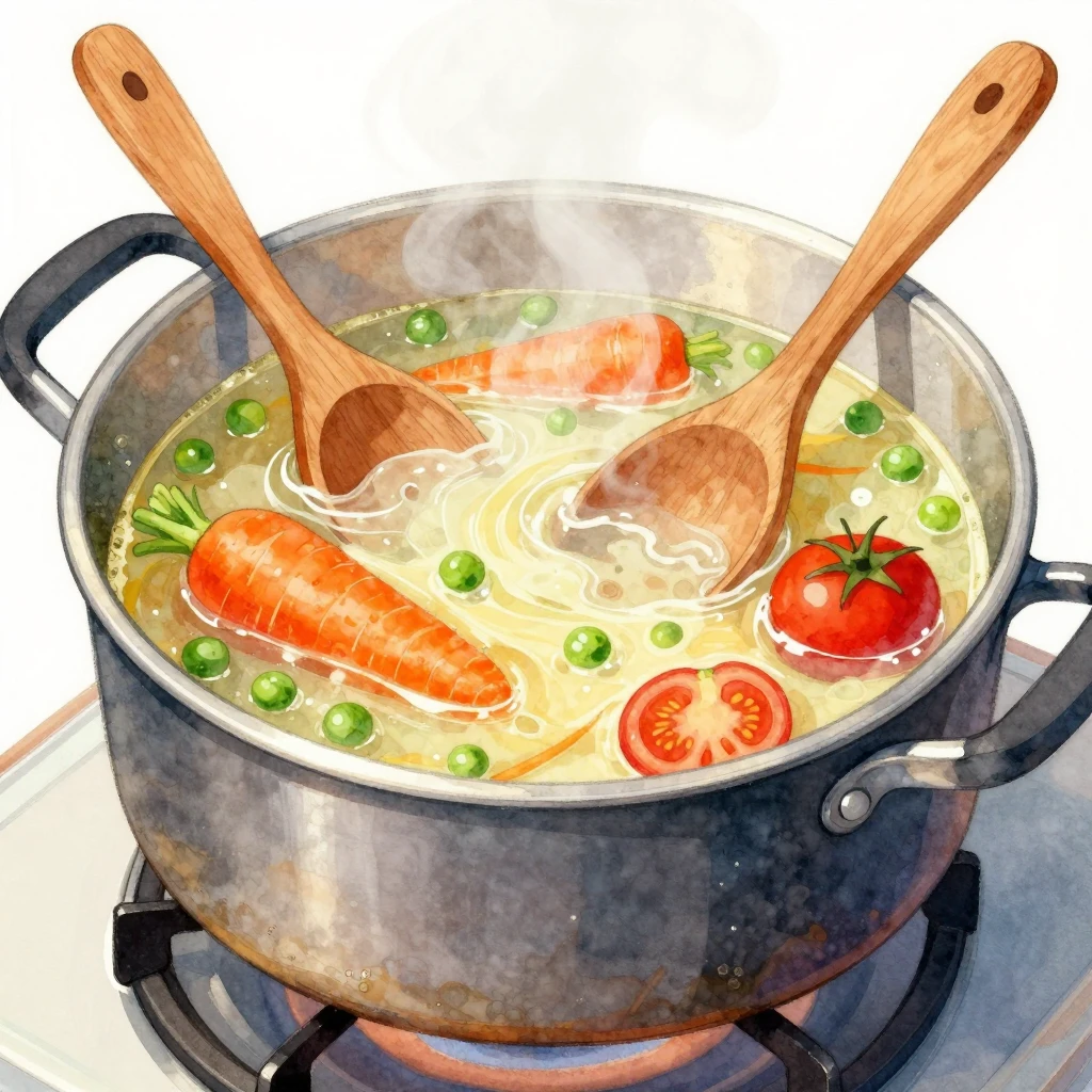 A colorful watercolor painting of a bubbling pot of vegetabl...