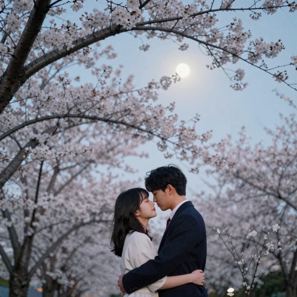 A couple embracing under a cherry blossom tree, with soft mo...