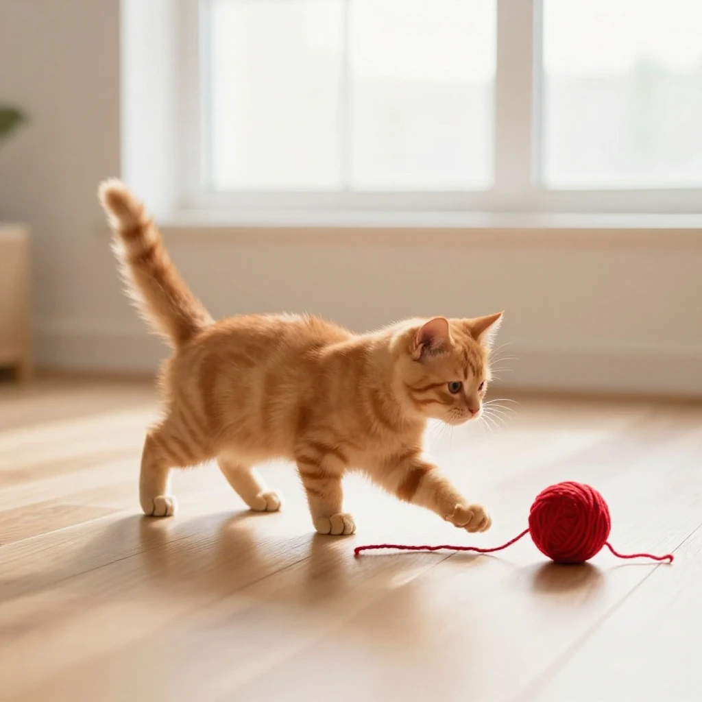 A fluffy ginger kitten silhouette with a long tail playfully...