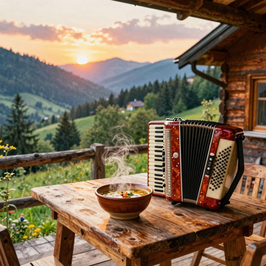 A cozy rustic wooden table in the foreground of a mountain c...