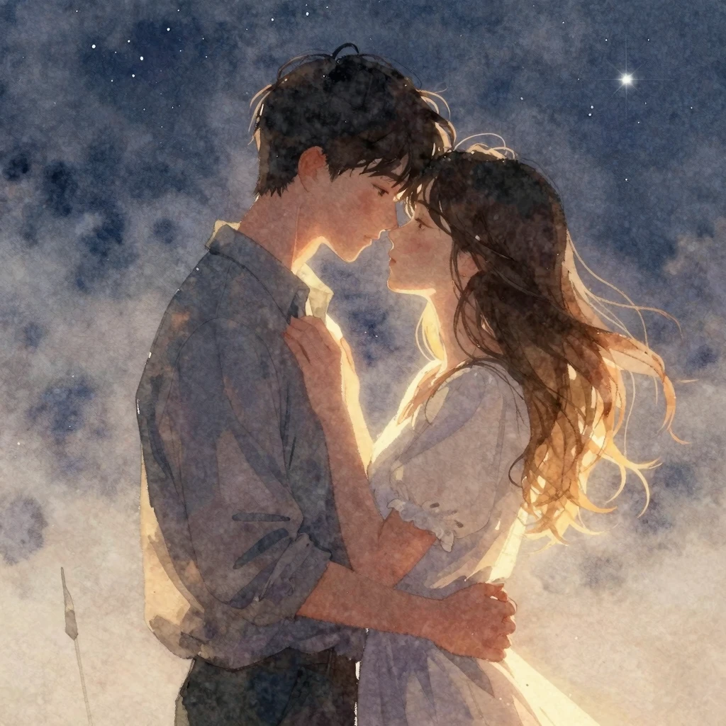 A serene watercolor painting of two figures in a gentle embr...