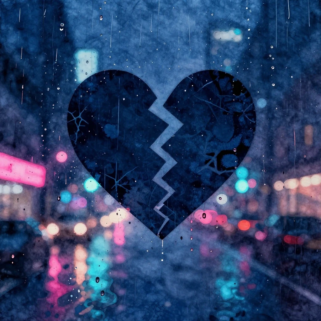 Watercolor painting of a broken heart silhouette on a rain-s...